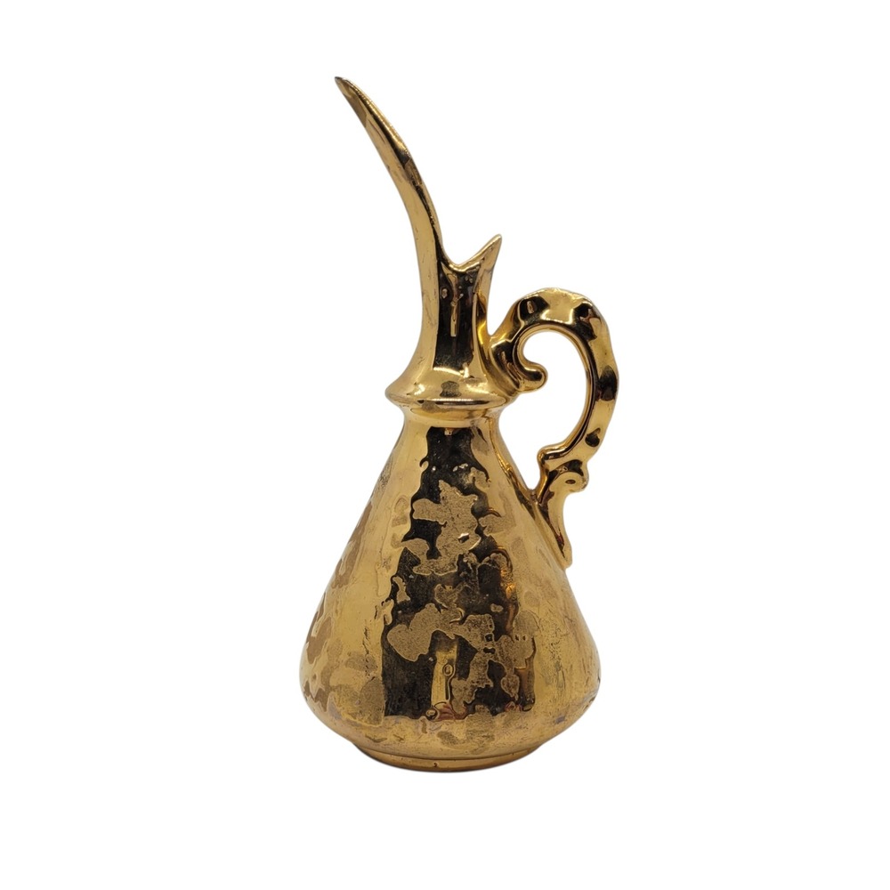 Vintage 24KT Gold Ceramic Ewer Pitcher Textured Gold Leaf Decorative Bud Vase